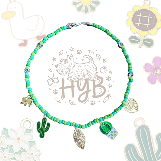 Handmade Dog Necklace with Charms |Artisan Turquoise Cactus Beaded Collar | +$5 Add Custom Letters
