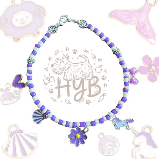 Handmade Pet Necklace with Mermaid Charms |Purple Unicorn  Beaded Pet Collar | +$5 Add Custom Letters
