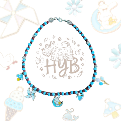 Handmade Dog Necklace with Windmill Moon Charms|Blue Purple Pet Collar| +$5 Add Custom Letters