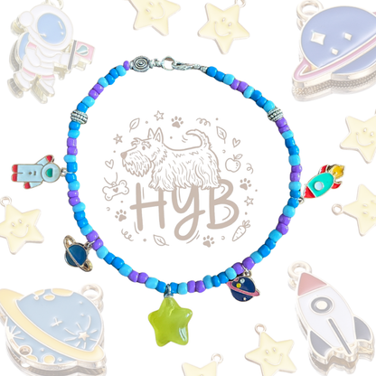 Handmade Pet Necklace with Astronaut Rocket Charms |Space Planet Beaded Pet Collar| +$5 Add Custom Letters