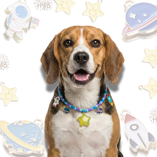 Handmade Pet Necklace with Astronaut Rocket Charms |Space Planet Beaded Pet Collar| +$5 Add Custom Letters