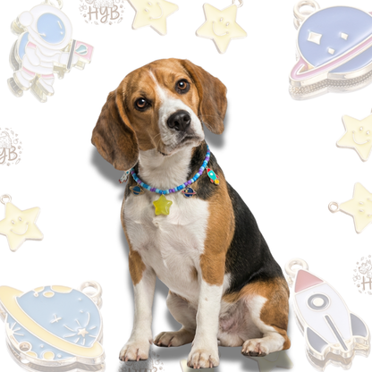 Handmade Pet Necklace with Astronaut Rocket Charms |Space Planet Beaded Pet Collar| +$5 Add Custom Letters