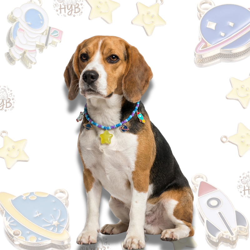Handmade Pet Necklace with Astronaut Rocket Charms |Space Planet Beaded Pet Collar| +$5 Add Custom Letters