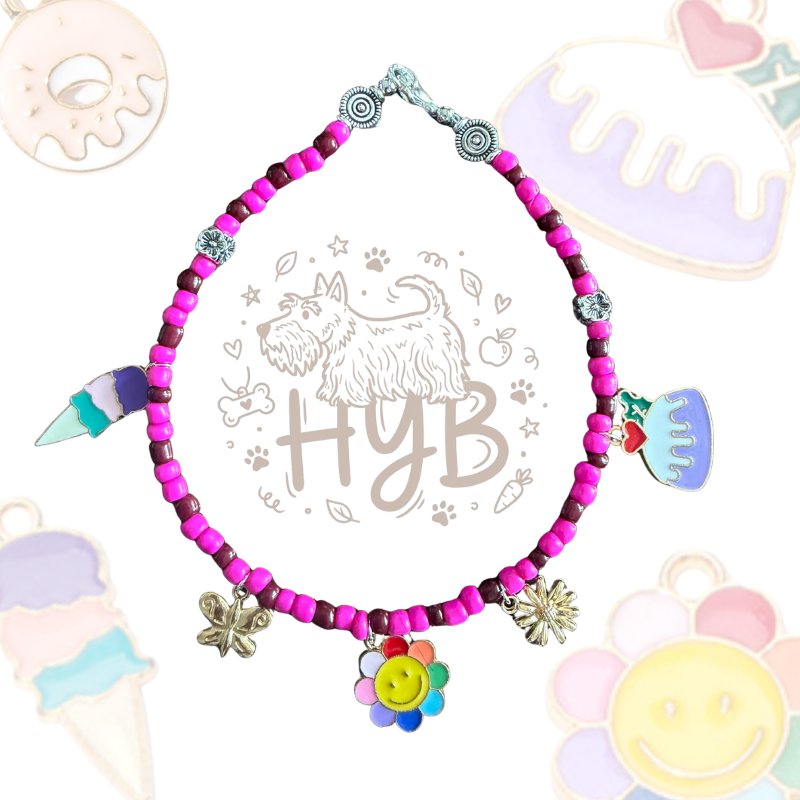 Handmade Pet Necklace with Ice Cream Flower Charms |Hot Pink Beaded Pet Collar| +$5 Add Custom Letters