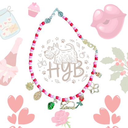 Handmade Pet Necklace with Rose & Love Charms |Pink Heart Beaded Pet Collar| +$5 Add Custom Letters