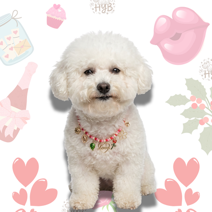 Handmade Pet Necklace with Rose & Love Charms |Pink Heart Beaded Pet Collar| +$5 Add Custom Letters