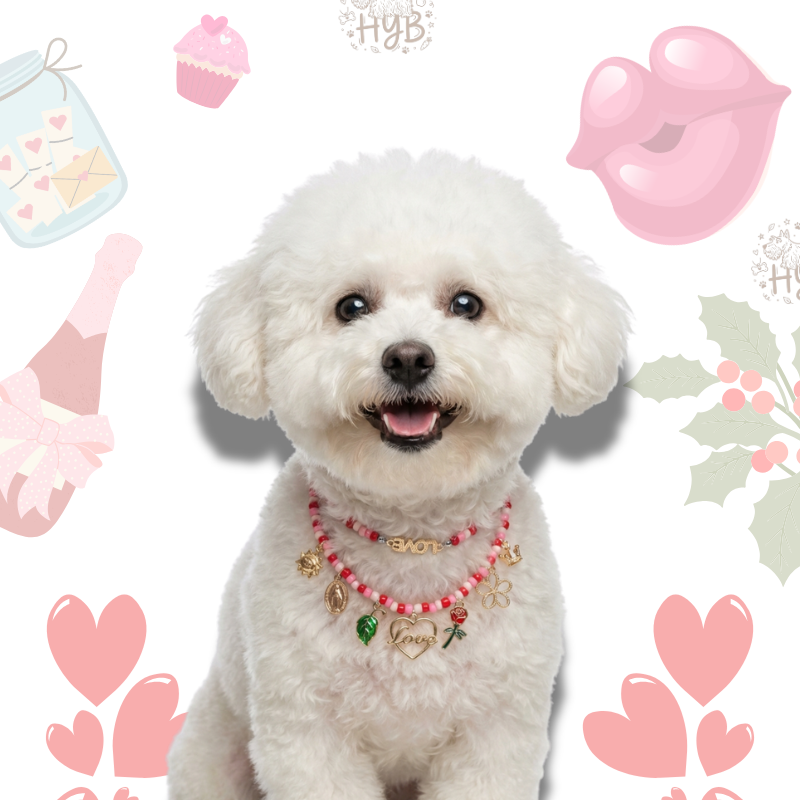 Handmade Pet Necklace with Rose & Love Charms |Pink Heart Beaded Pet Collar| +$5 Add Custom Letters
